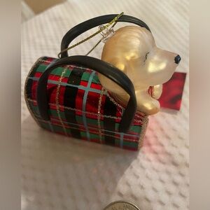 NWT Glass puppy Christmas tree ornament in plaid mailbox